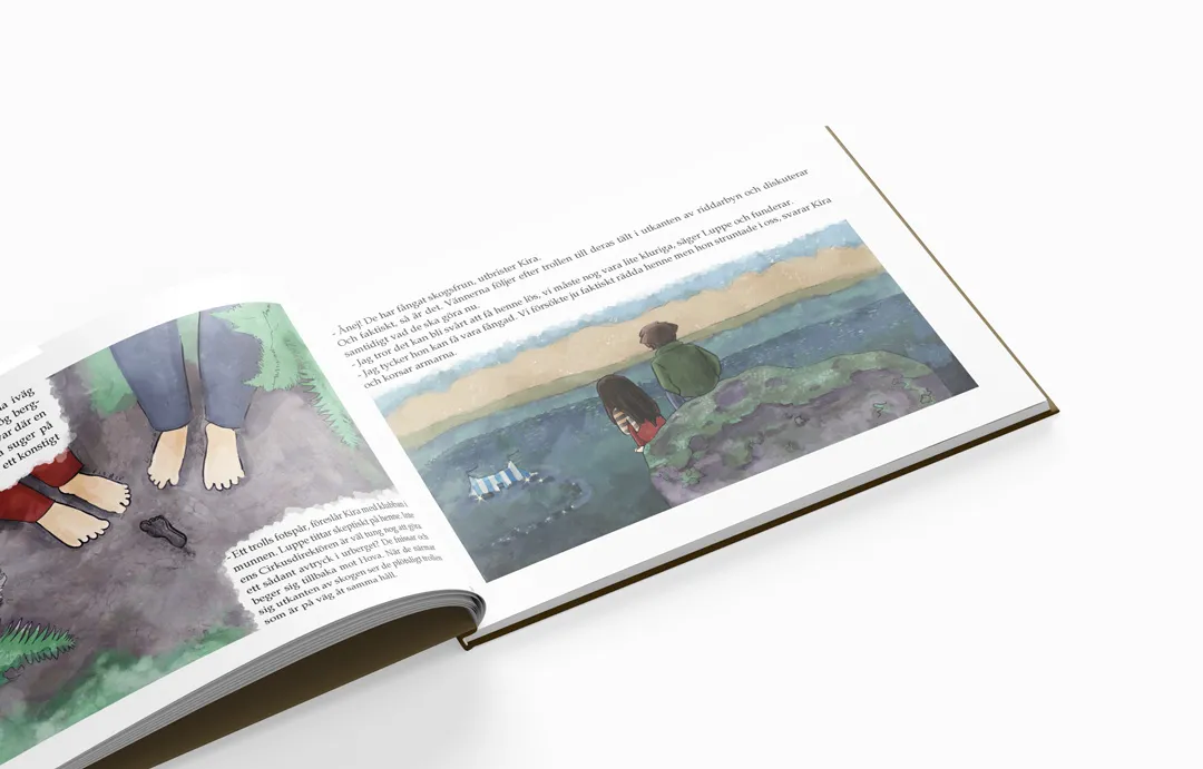 Open illustrated book showing children beside water and a forest scene