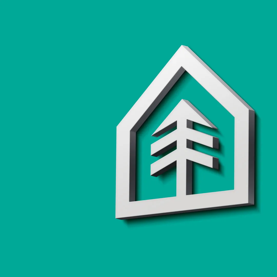 White three-dimensional Björkbo Hotell symbol on a teal background