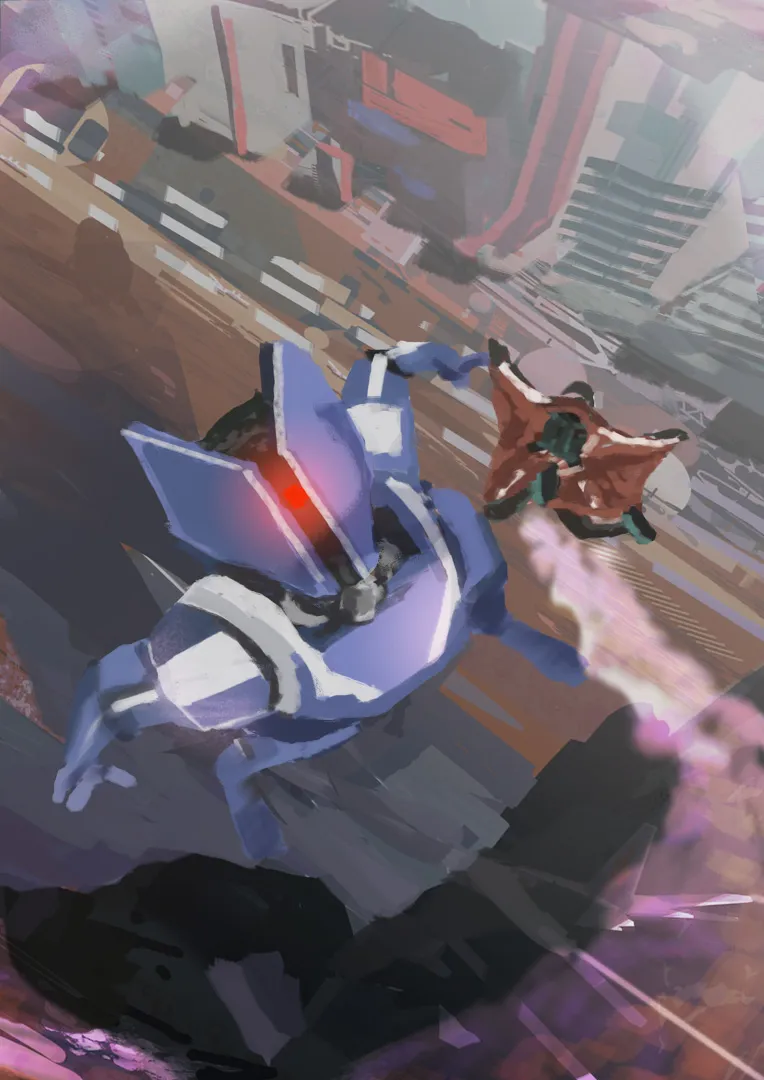 Blue-armored and red-cloaked figures falling through a futuristic city