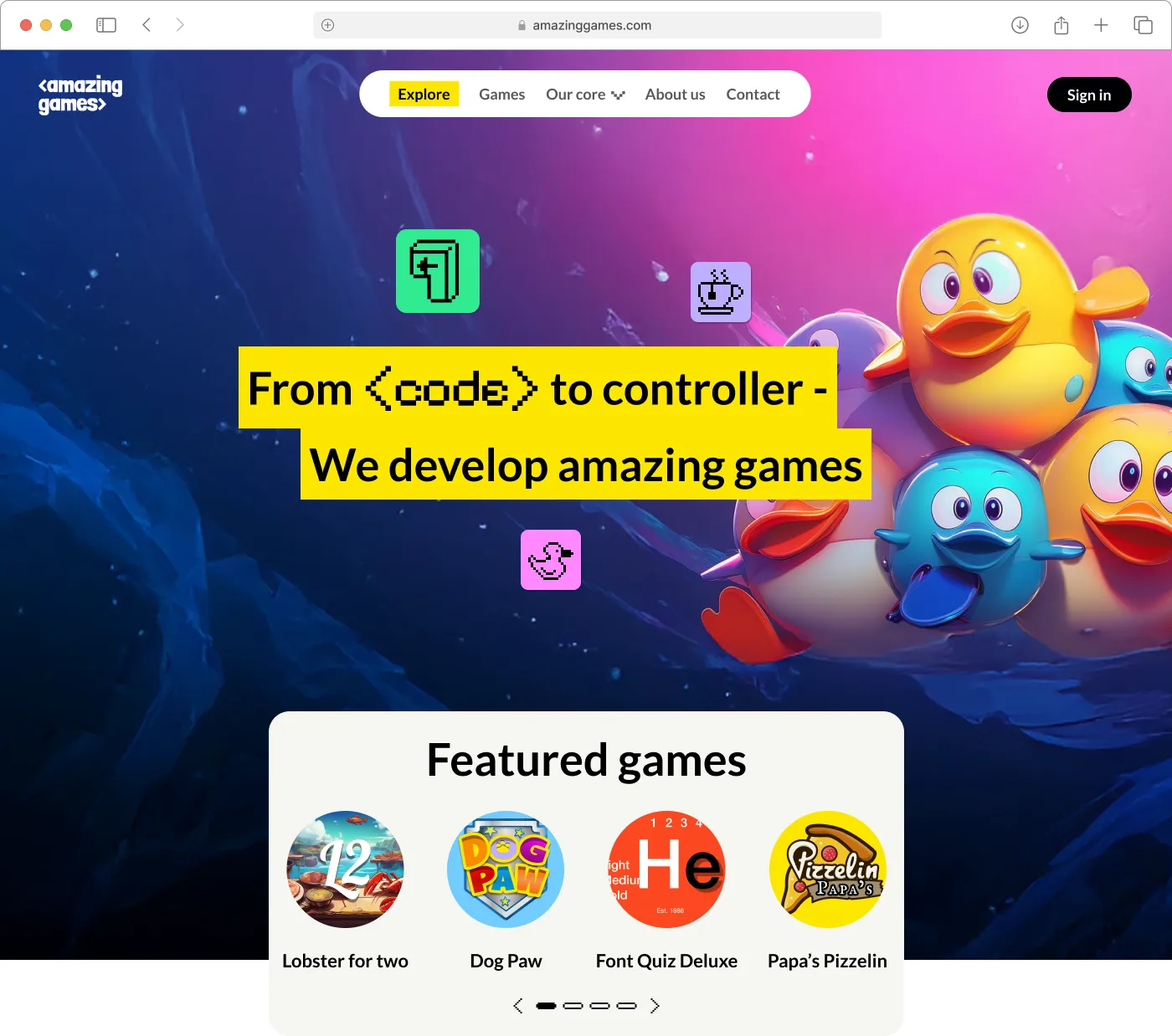 Amazing Games homepage with colorful duck characters and a featured games panel