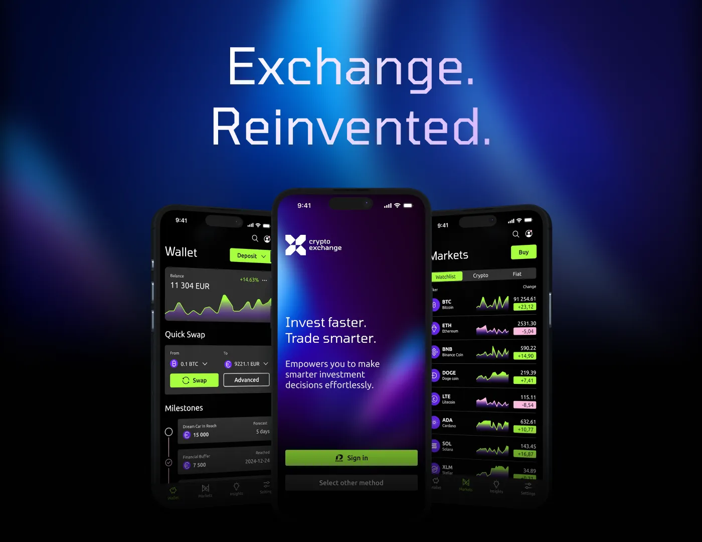 Three mobile screens presenting the Crypto Exchange wallet, sign-in, and markets interfaces