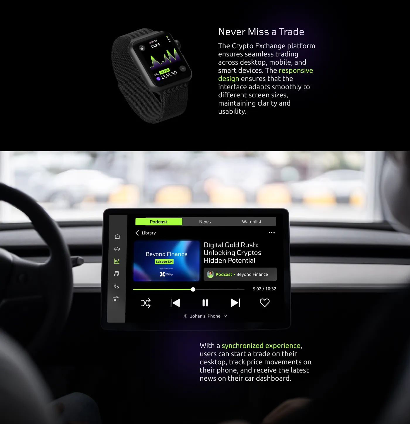 Cryptocurrency interfaces displayed on a smartwatch and an in-car dashboard screen