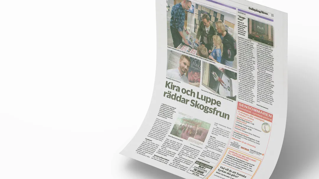 Newspaper page featuring the headline Kira och Luppe räddar skogsfrun