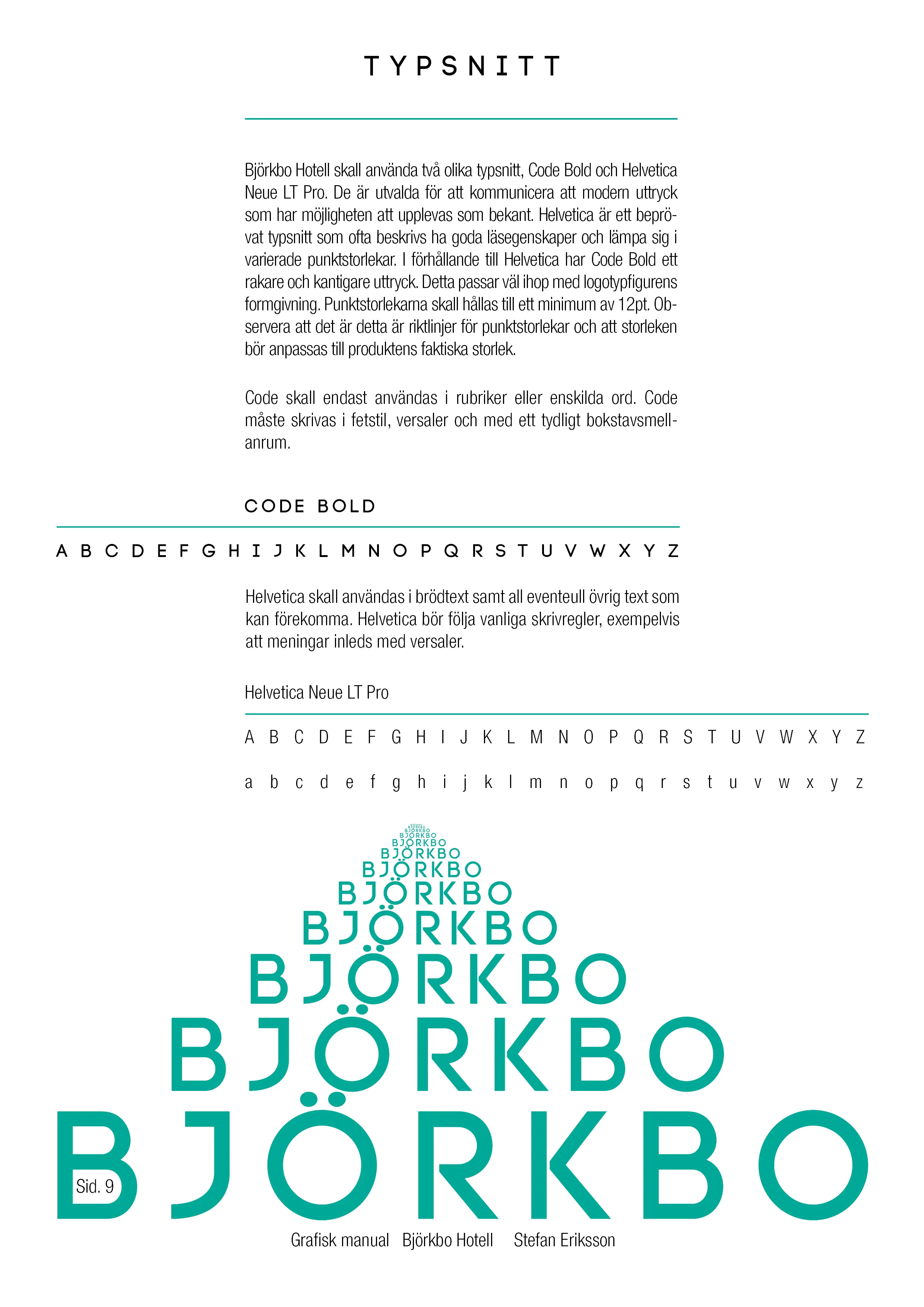 Graphic manual typography page showing Code Bold and Helvetica Neue LT Pro