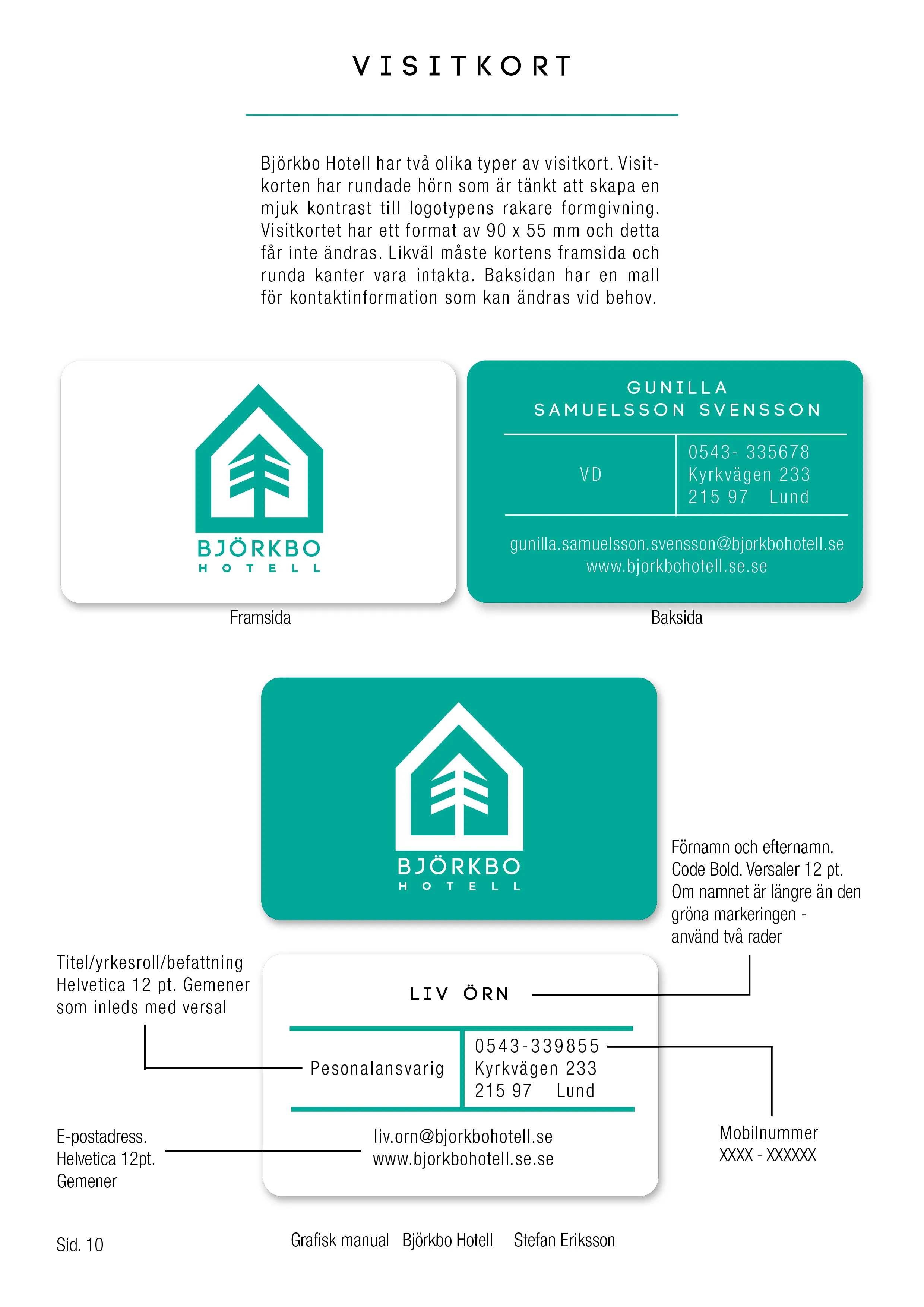 Graphic manual page presenting teal and white Björkbo Hotell business cards