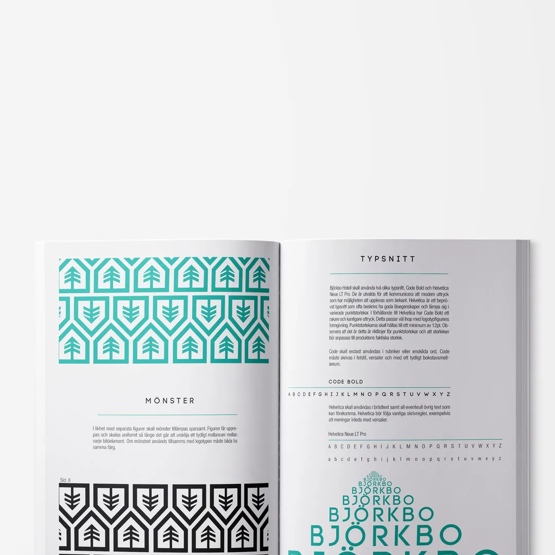 Open Björkbo Hotell graphic manual showing pattern and typography pages