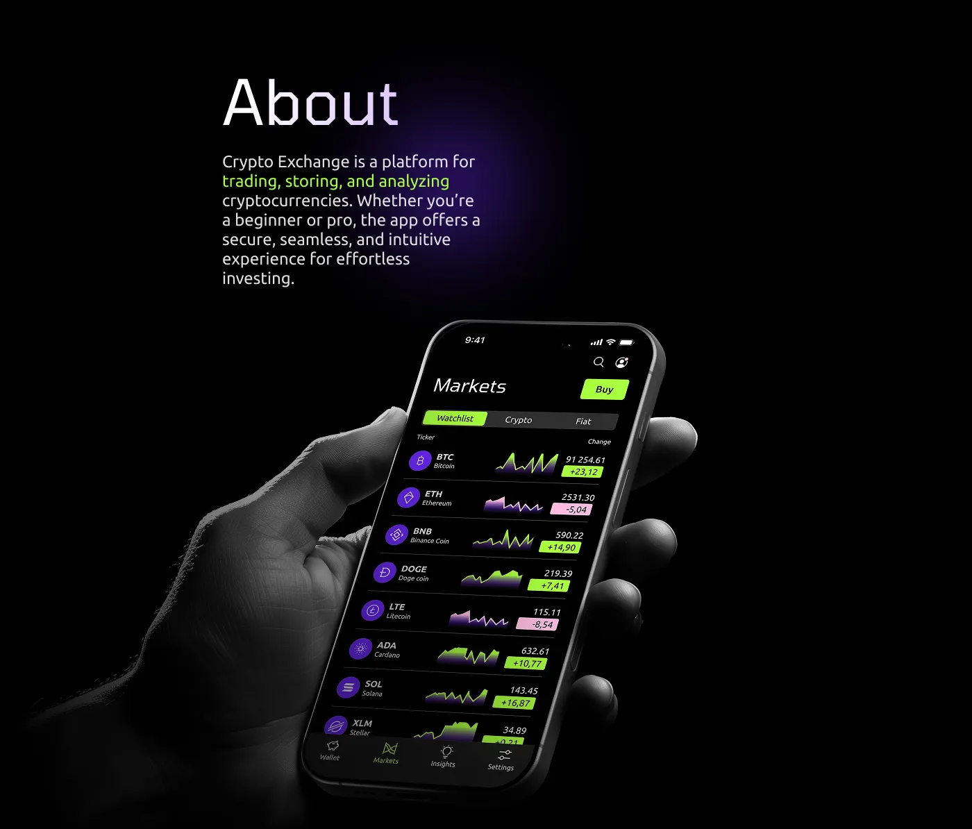 Cryptocurrency markets interface displayed on a phone held in one hand