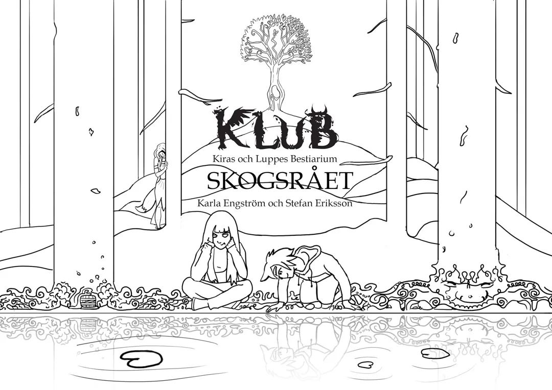 Line-art KLUB cover illustration with children in a forest beside water