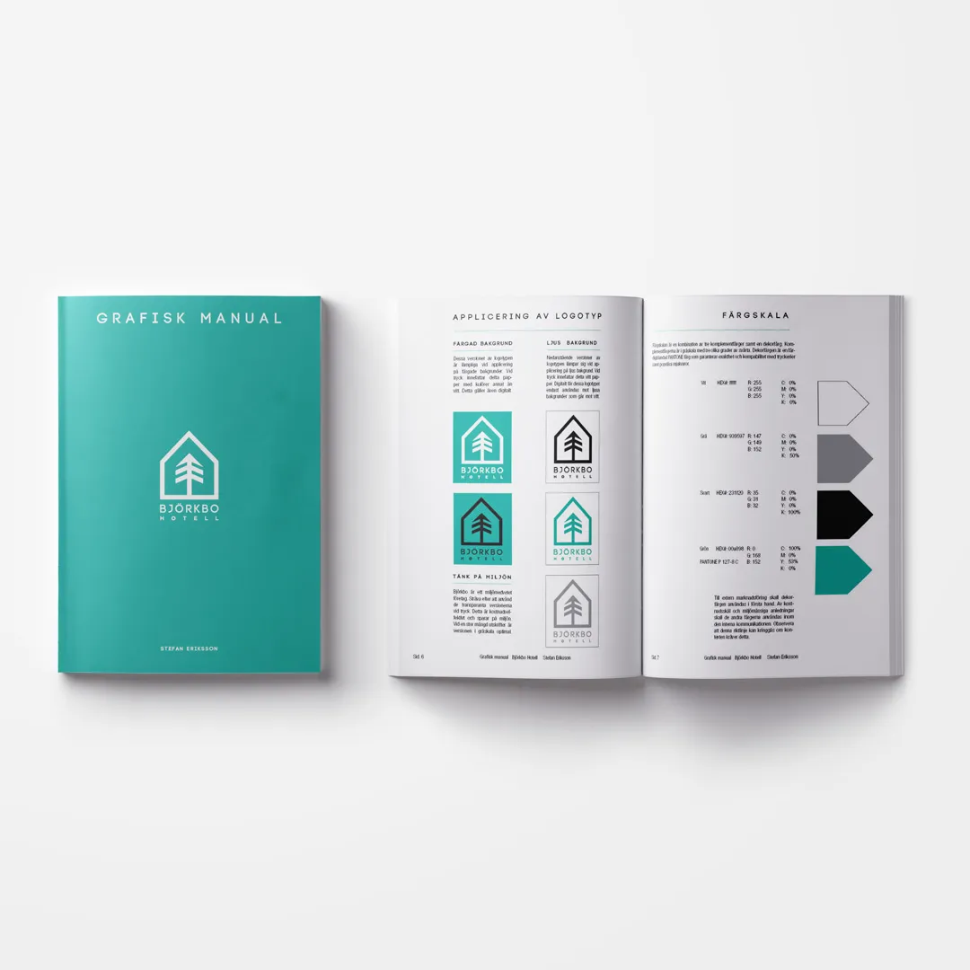 Björkbo Hotell graphic manual shown as a closed cover and an open spread
