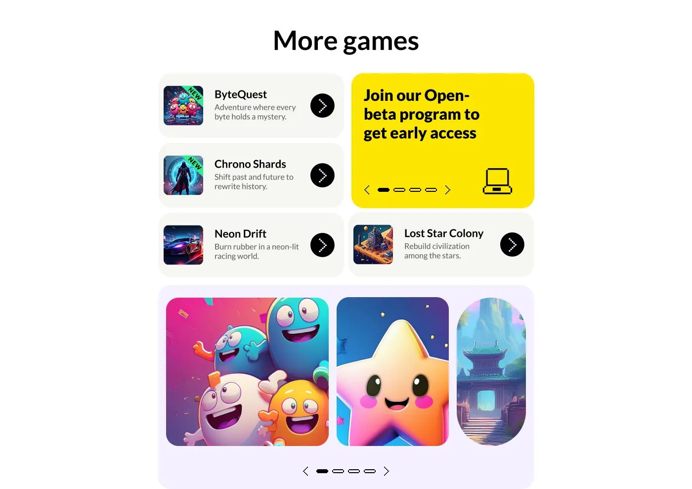 Games listing with illustrated game thumbnails and an open beta panel