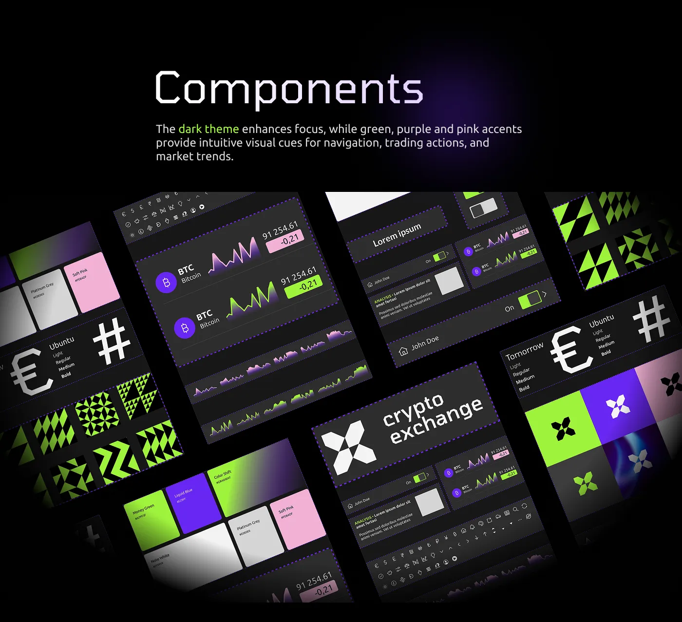 Collage of Crypto Exchange colors, typography, interface components, logos, and graphic patterns