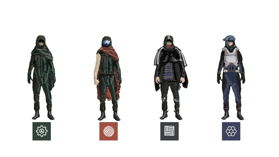 Four hooded science-fiction uniform concepts