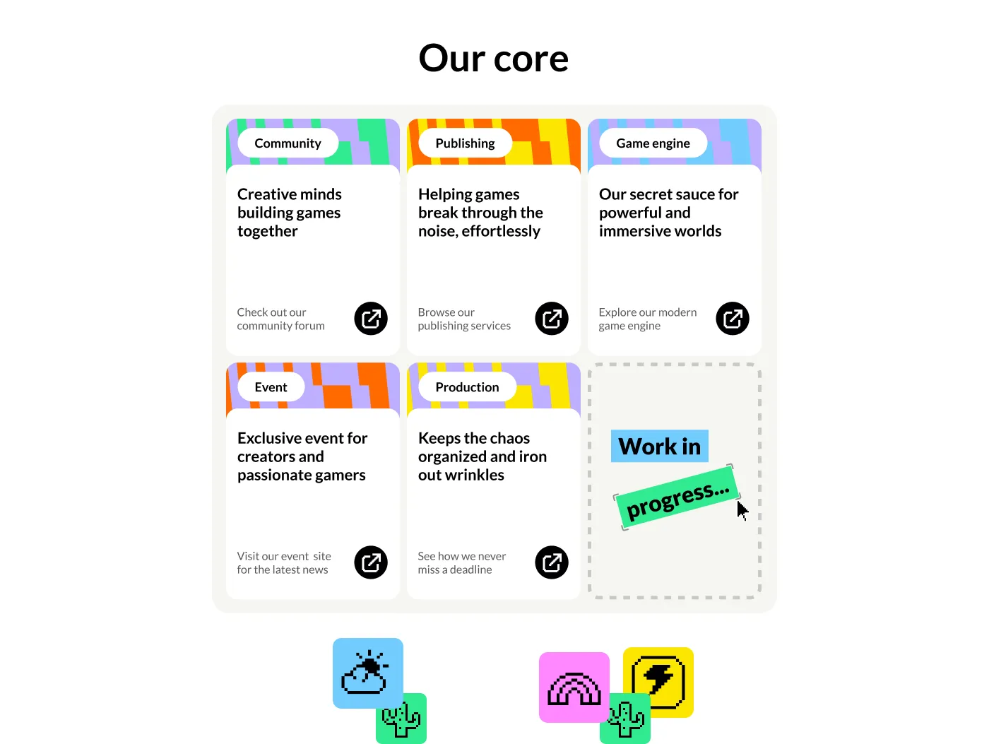 Grid of cards presenting community, publishing, game engine, event, and production areas