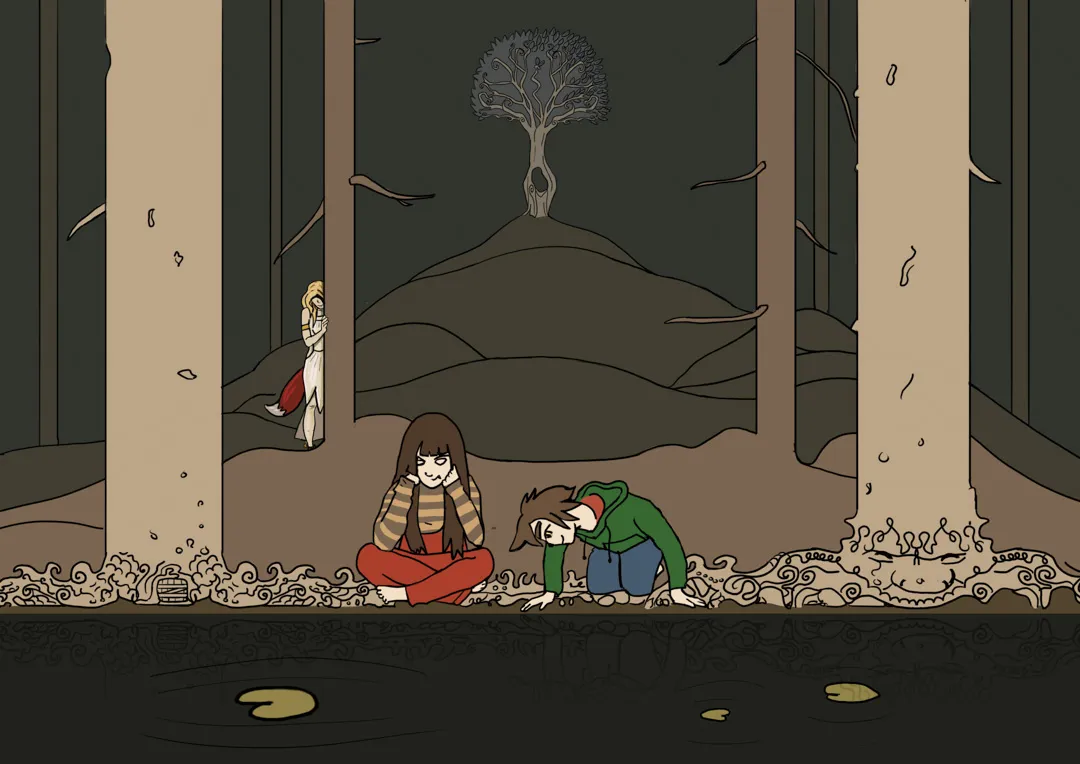 Partially colored KLUB cover illustration set in a forest