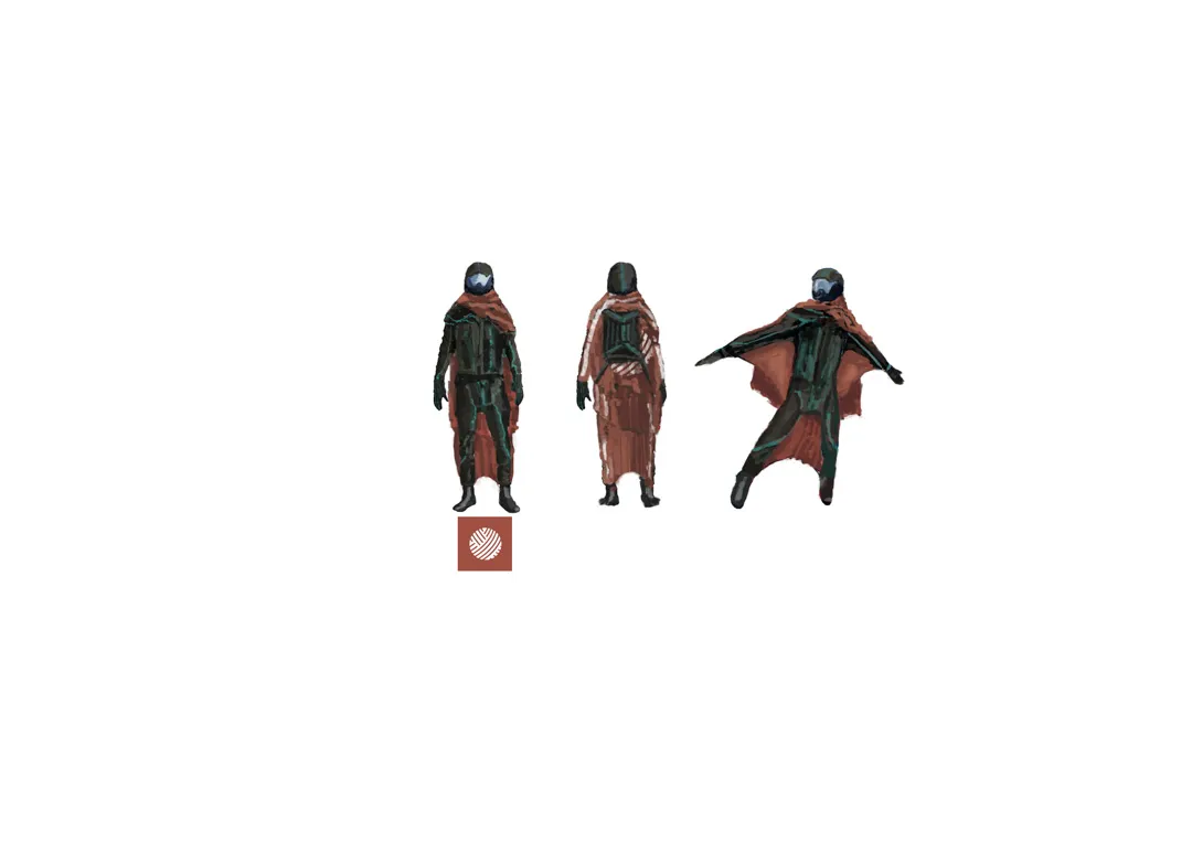 Front, back, and spread-cloak views of a hooded uniform concept