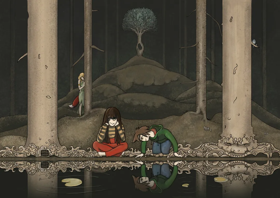 Completed KLUB cover illustration with three children in a forest beside reflective water