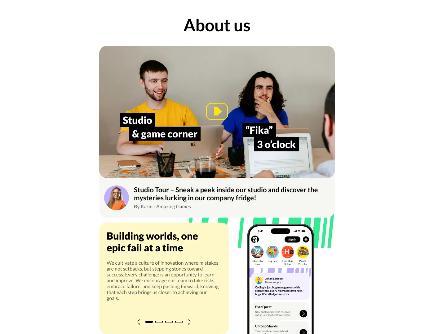 About page with a studio photograph, article card, culture statement, and mobile interface