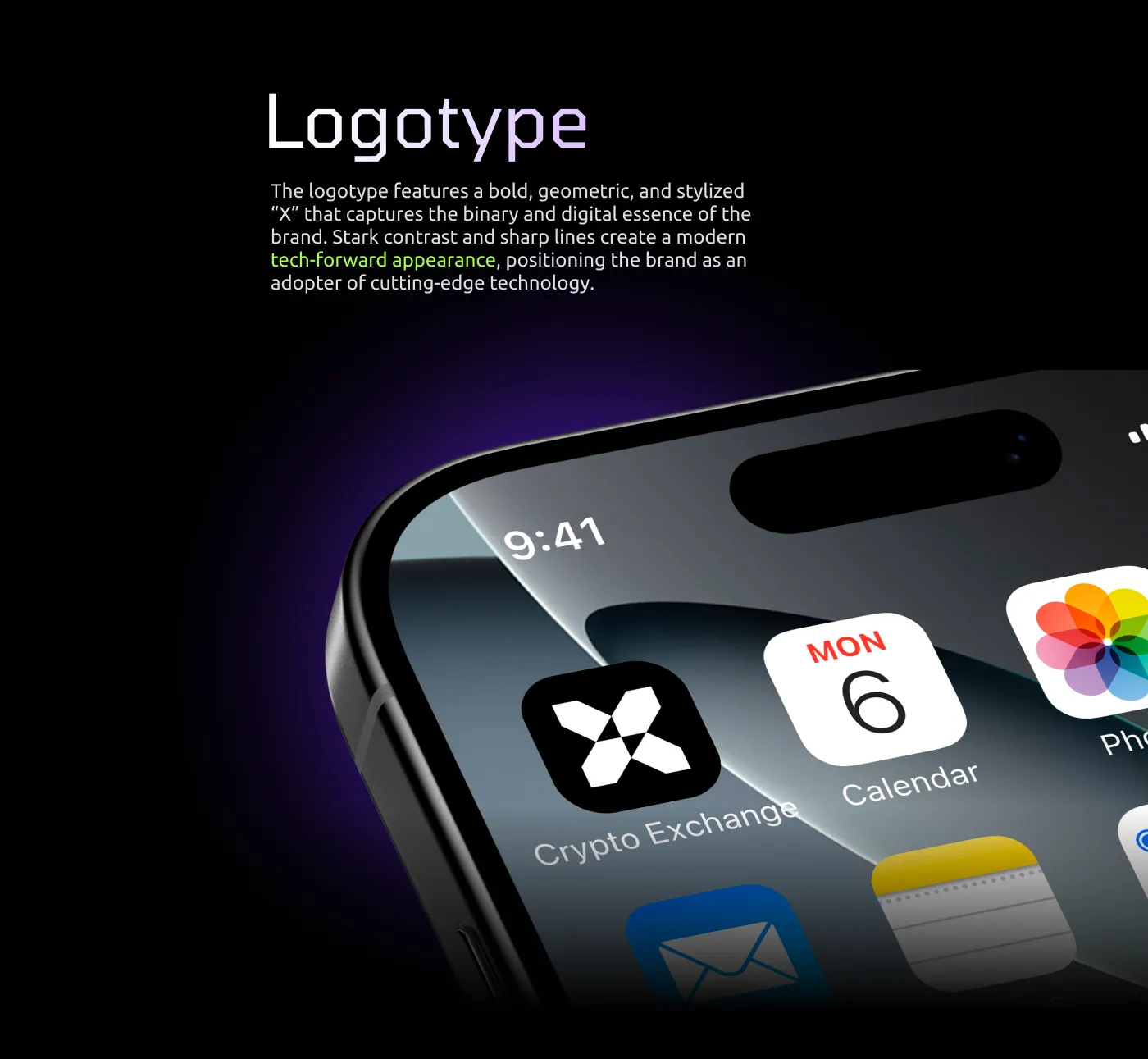 Crypto Exchange app icon displayed on a phone home screen beneath a logotype description