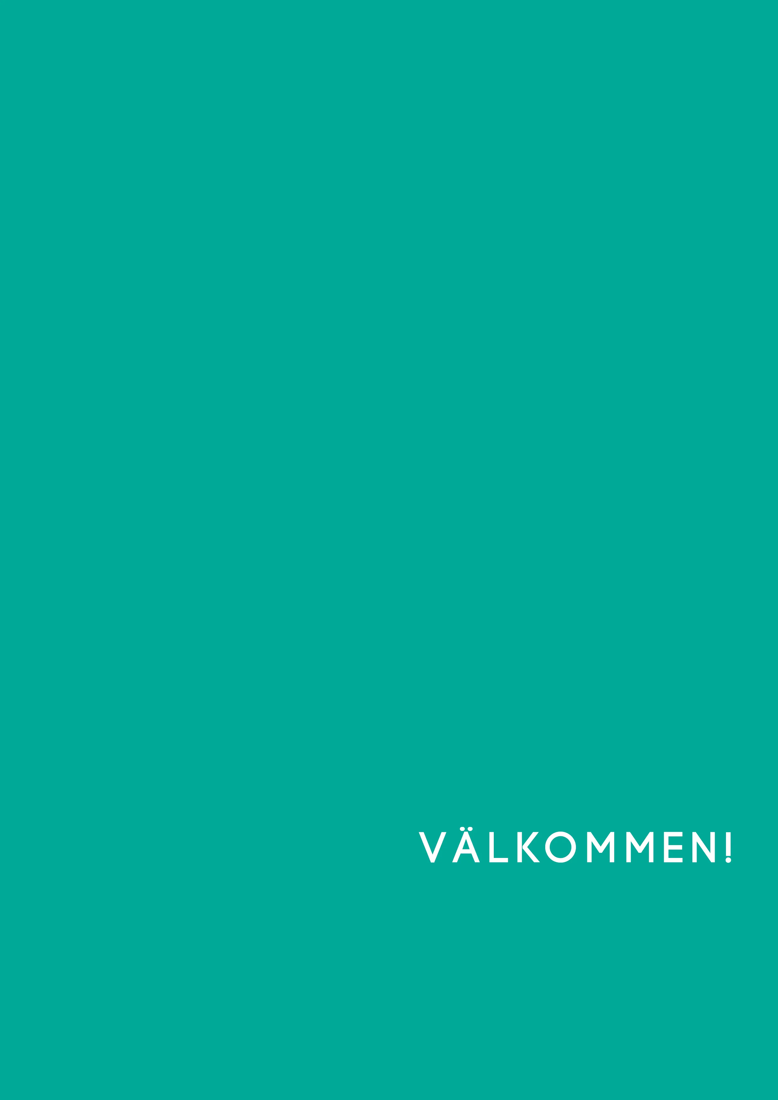 Teal graphic manual page with the Swedish word Välkommen