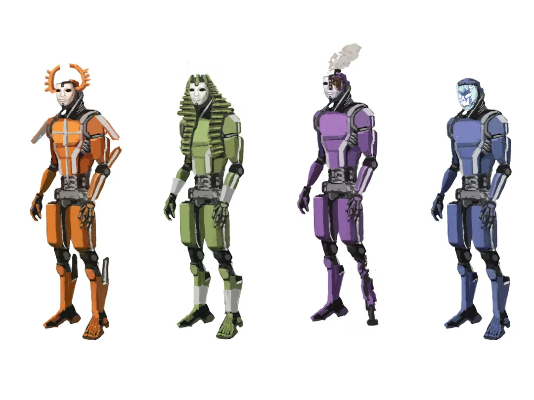 Four armored character concepts in orange, green, purple, and blue