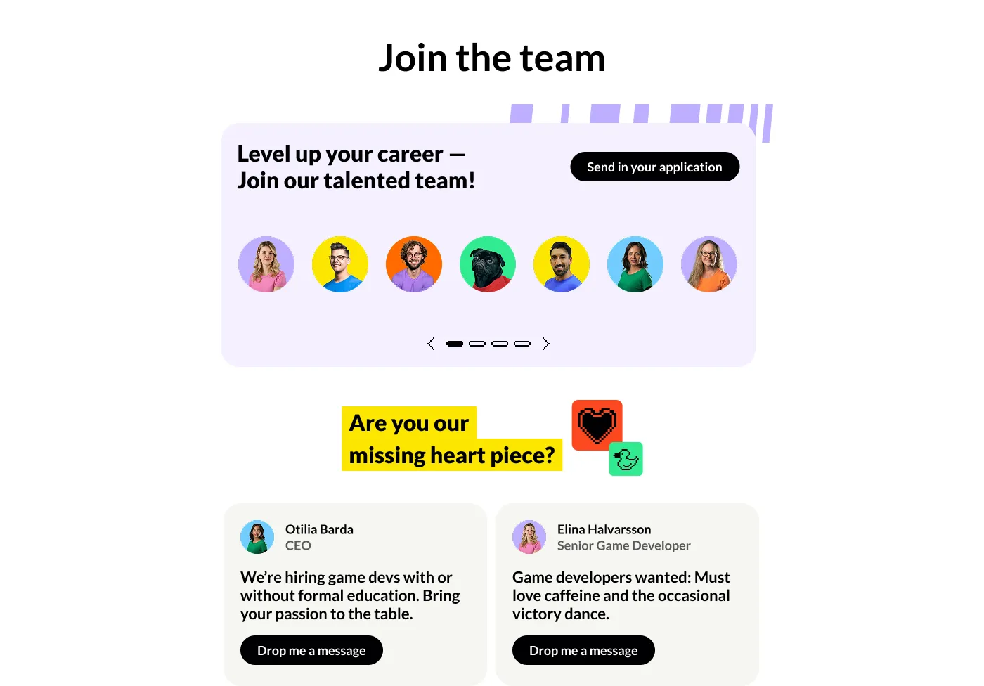 Careers page with team portraits, application prompt, and two job cards