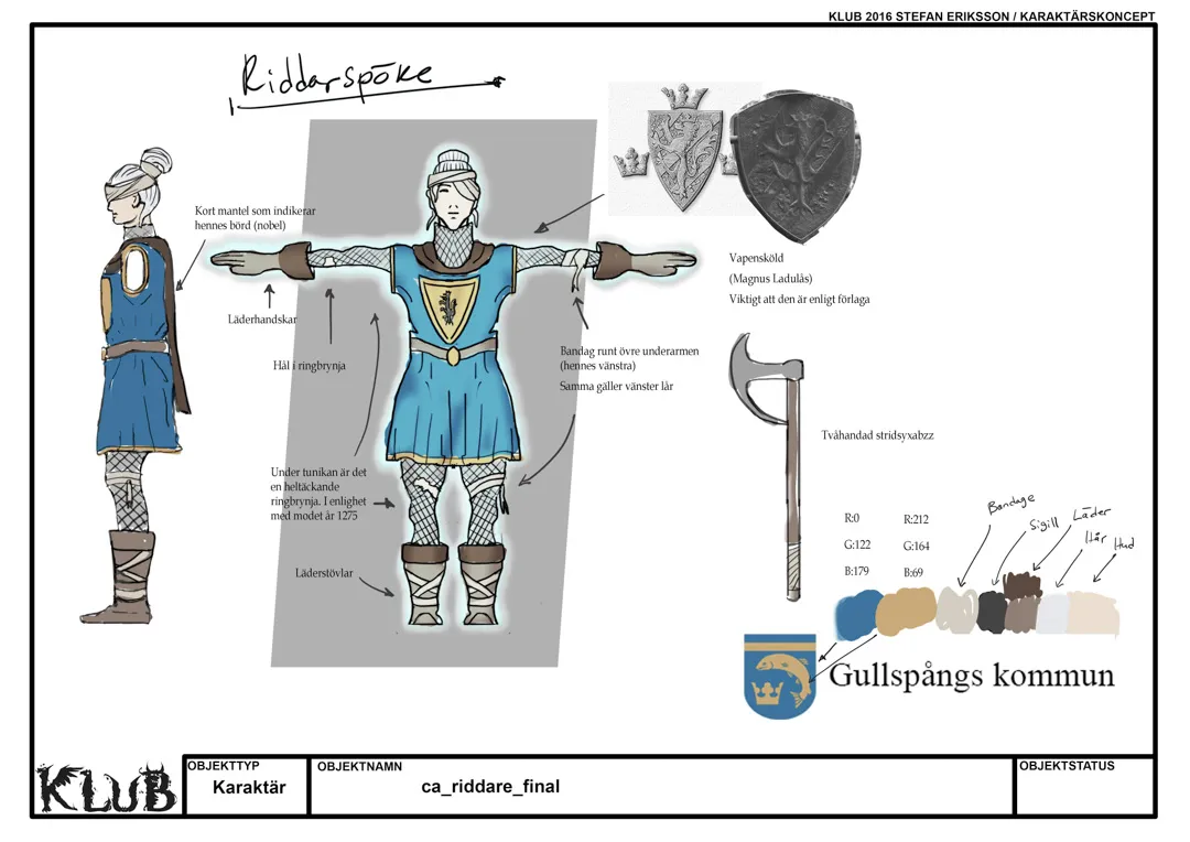 Blue medieval character design sheet with costume, shield, axe, and color references
