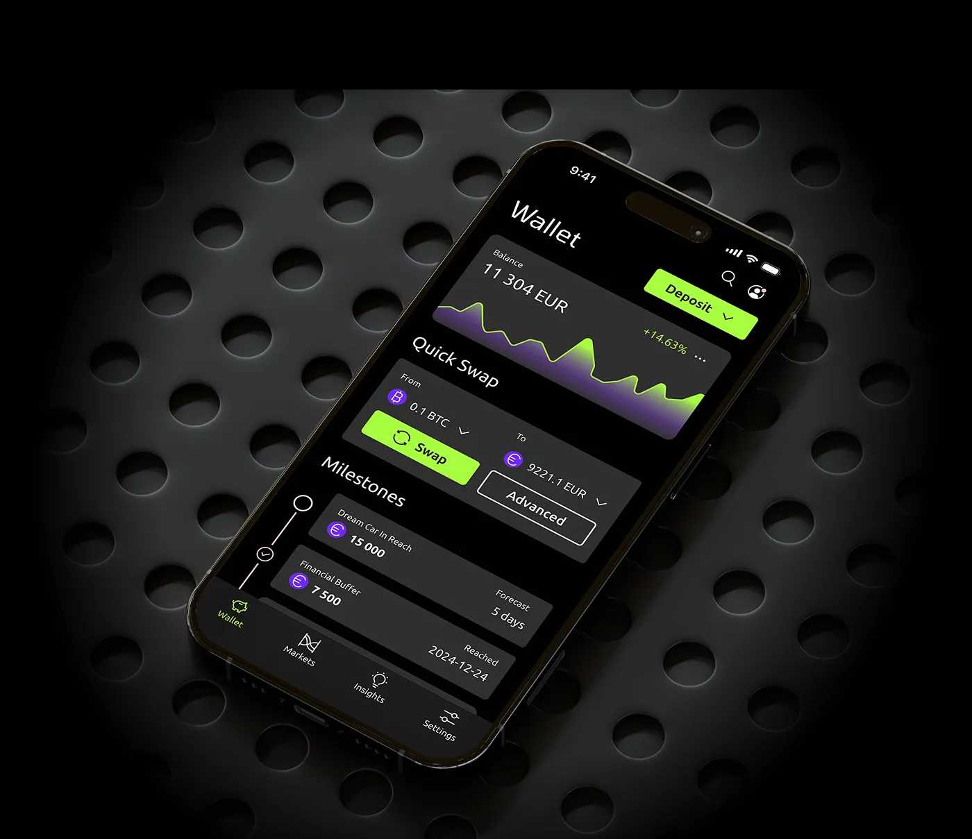 Crypto wallet and quick-swap interface displayed on an angled phone mockup