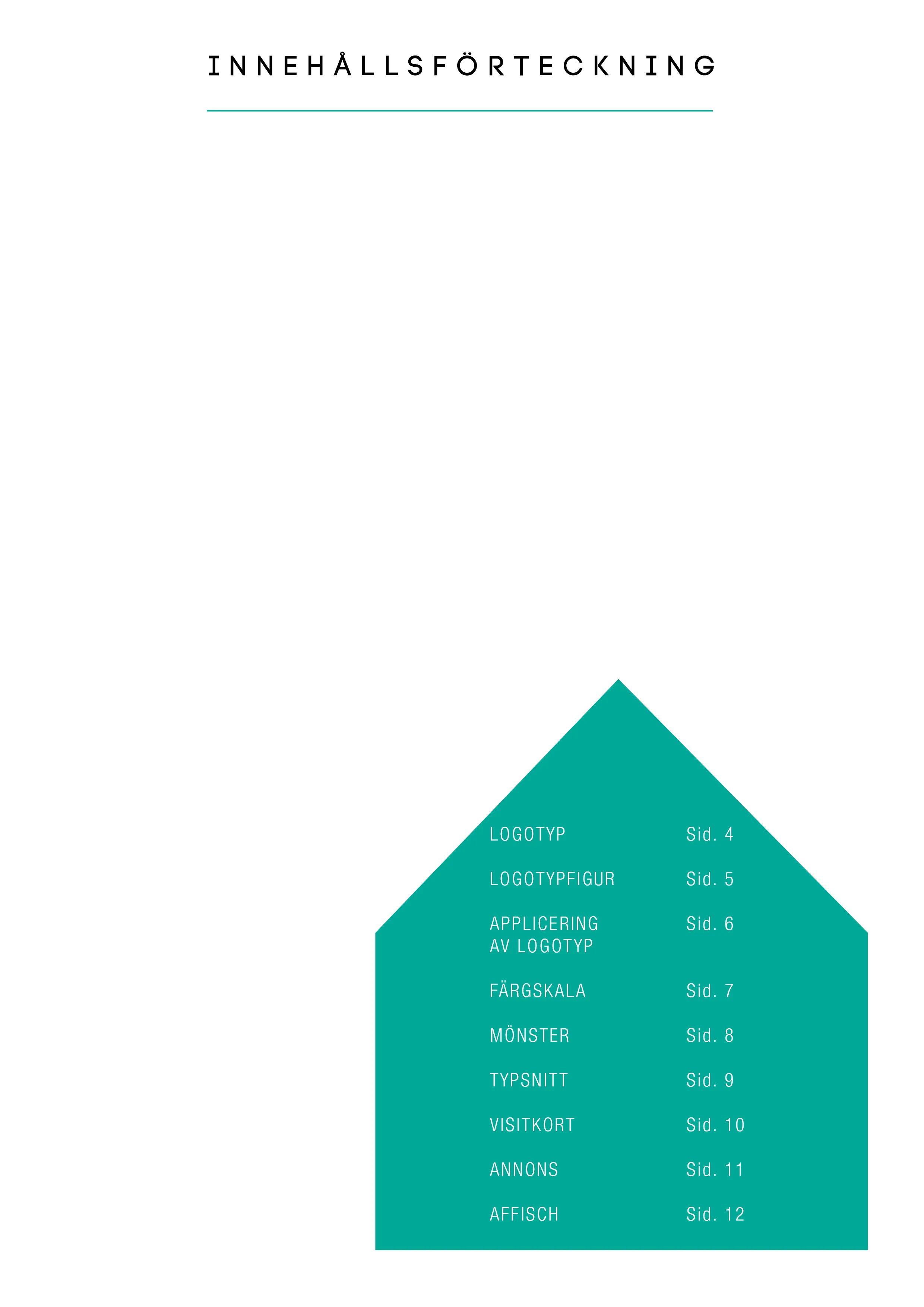 Graphic manual contents page listing sections inside a teal house shape