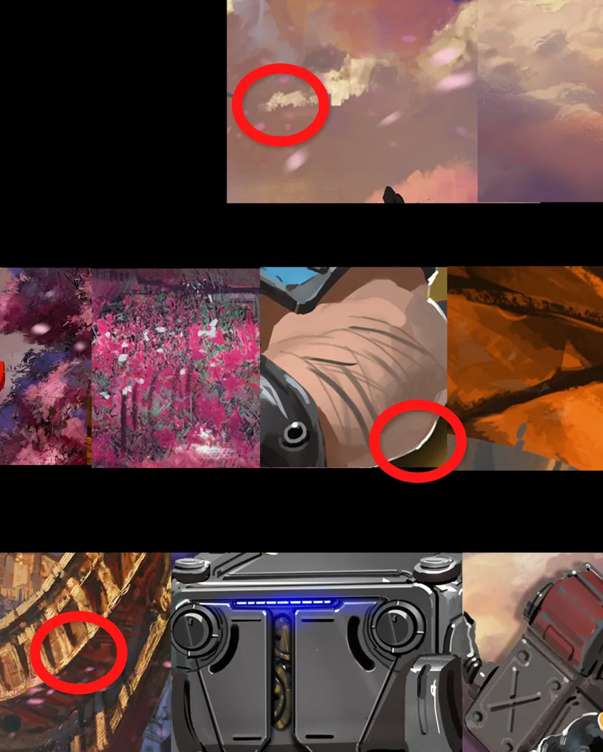 Moodboard collage with circled visual references from science-fiction artwork