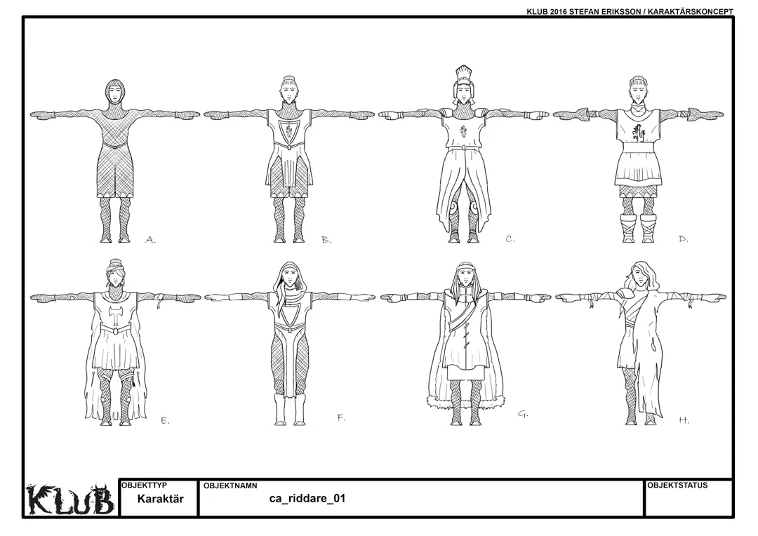 Eight line-art medieval character concepts shown from the front
