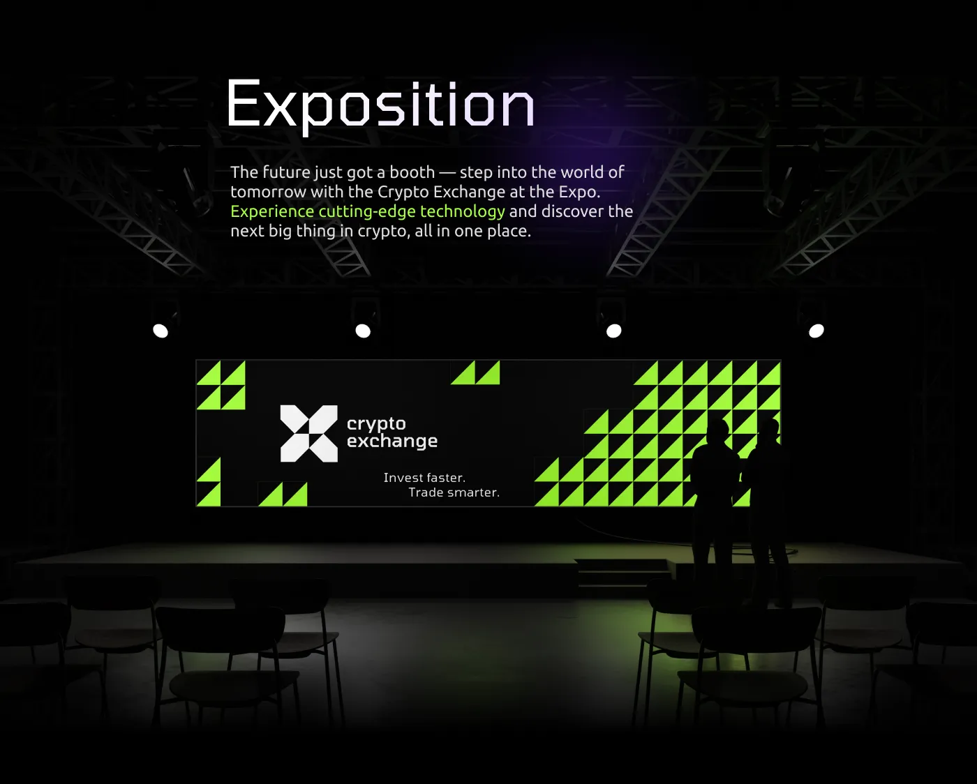 Crypto Exchange graphics displayed across a dark exhibition stage