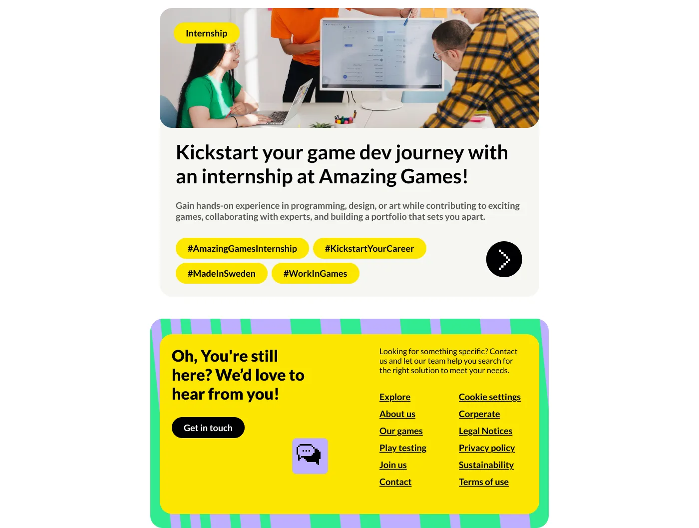 Internship feature and contact footer in yellow, green, and purple