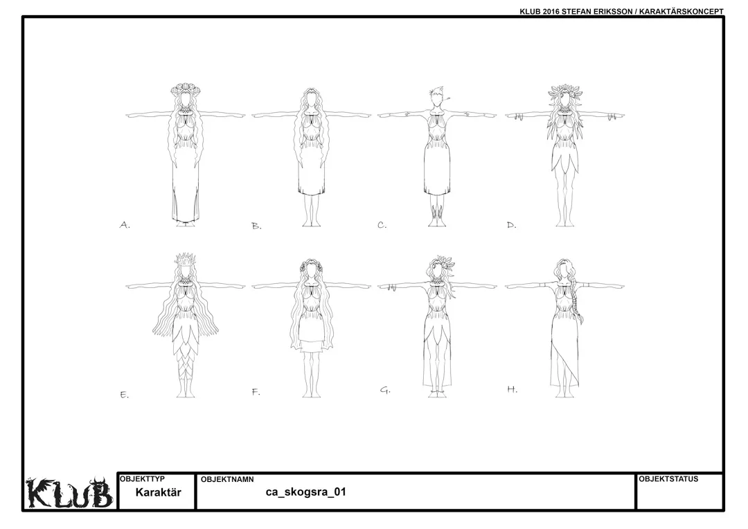 Eight line-art forest spirit character concepts shown from the front