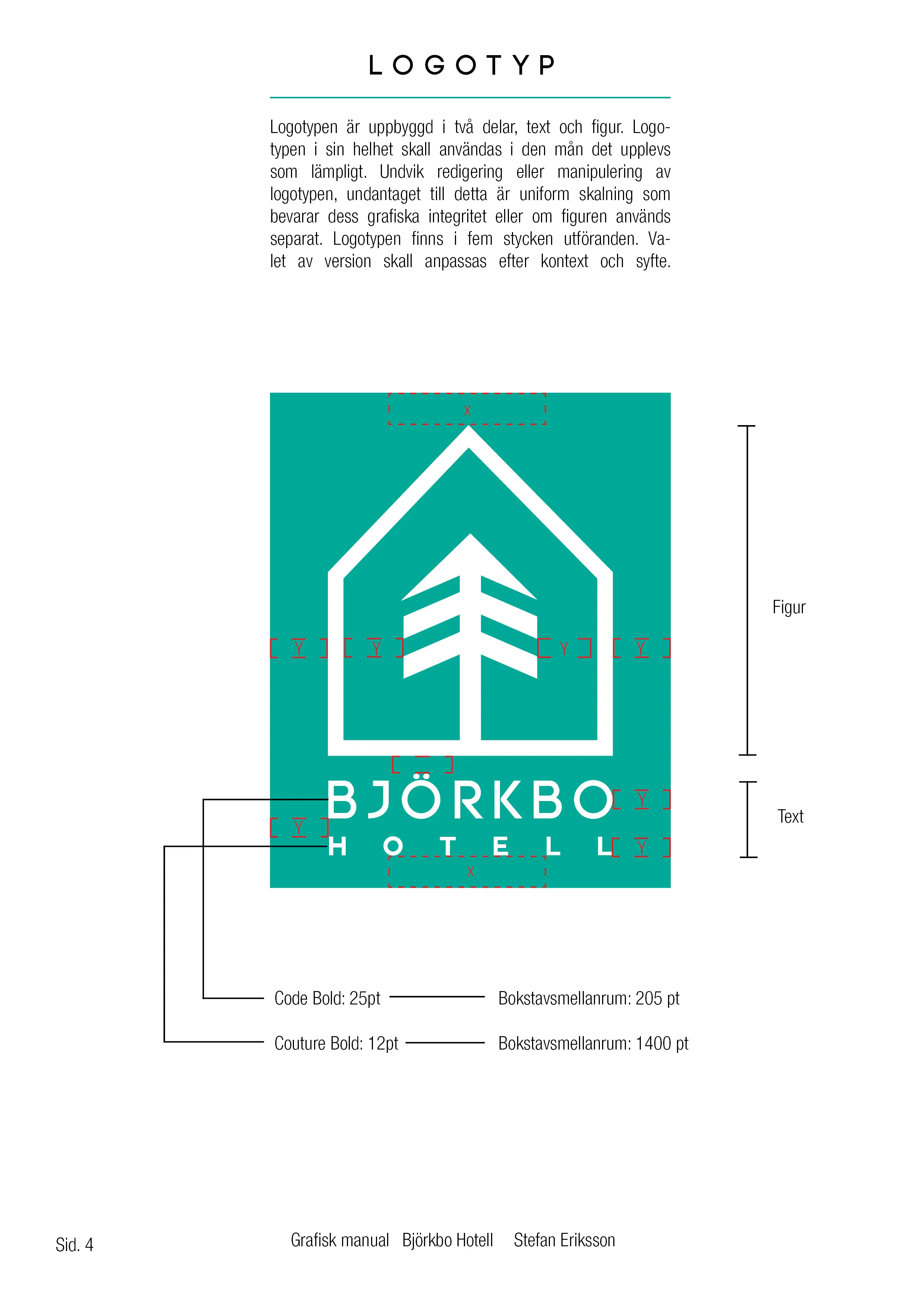 Graphic manual page explaining the construction and spacing of the Björkbo Hotell logo