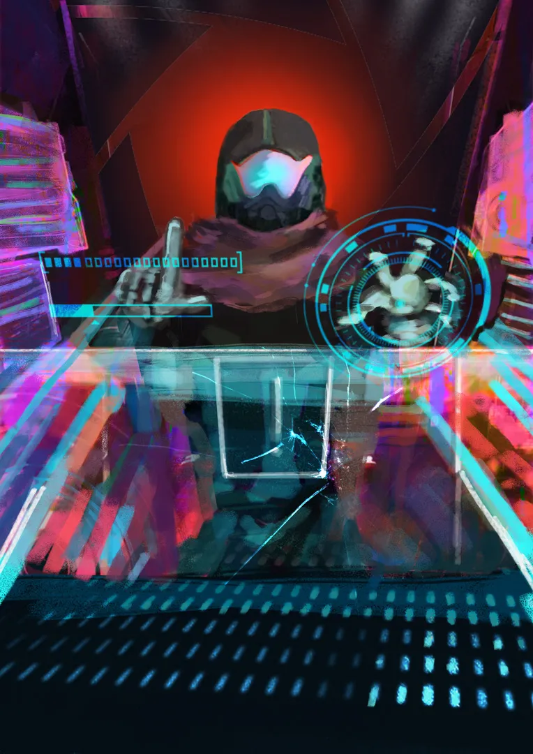 Masked figure behind a glowing holographic interface in a futuristic setting