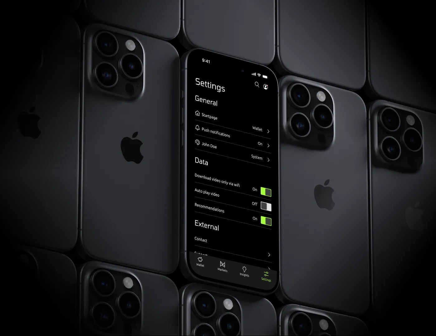 Settings interface displayed on a phone surrounded by dark phone backs