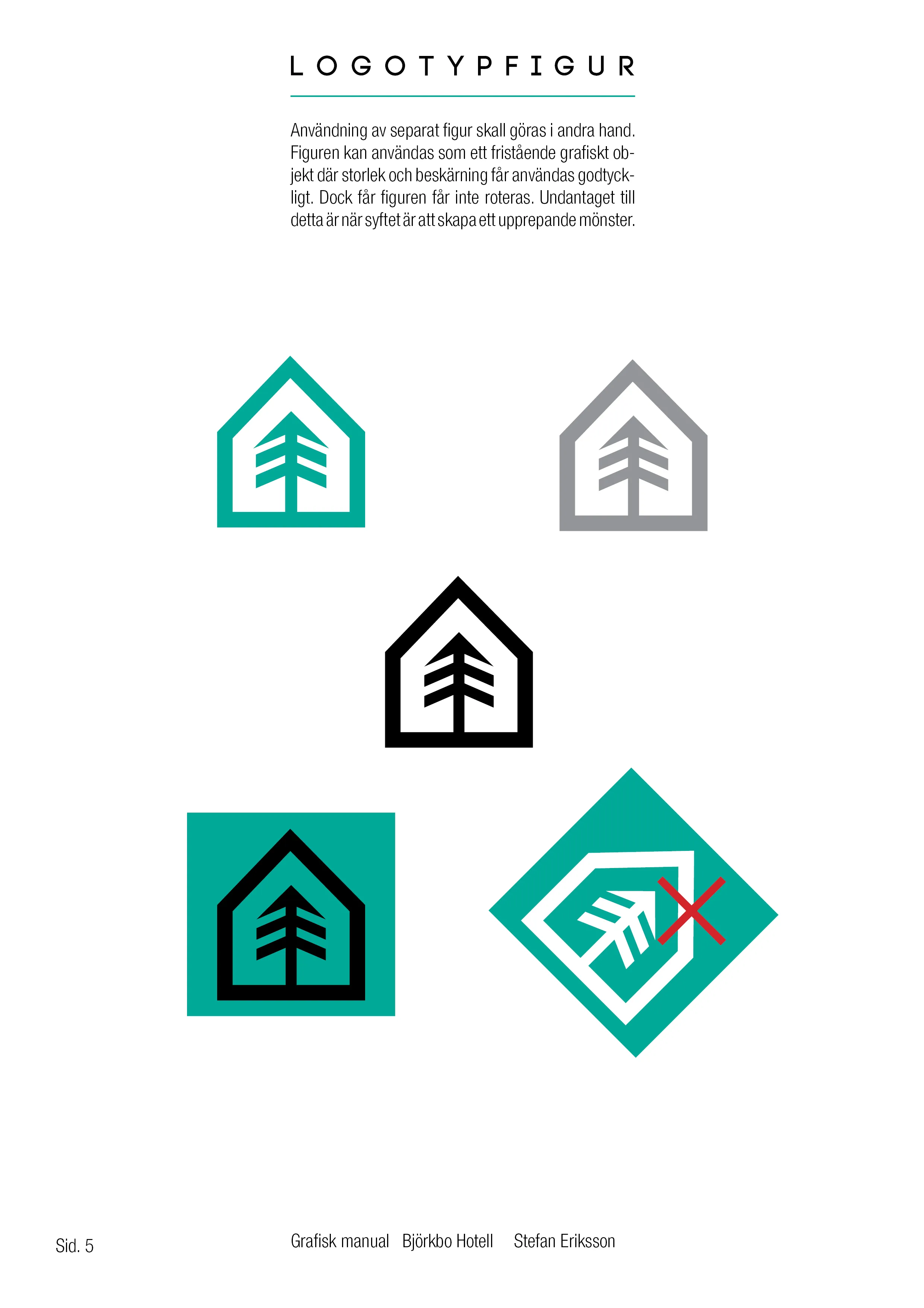 Graphic manual page showing logo symbol variations and an incorrect rotated example