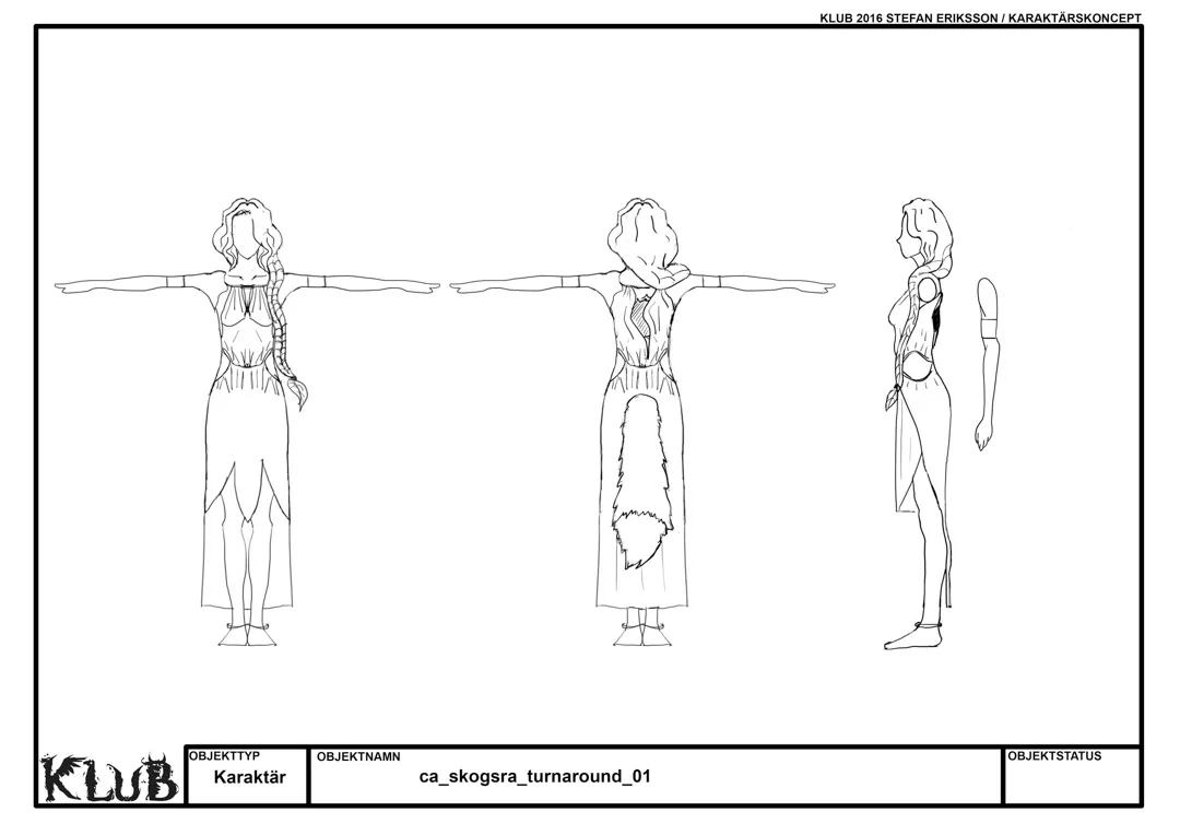 Front, back, and side line-art turnaround of a braided character