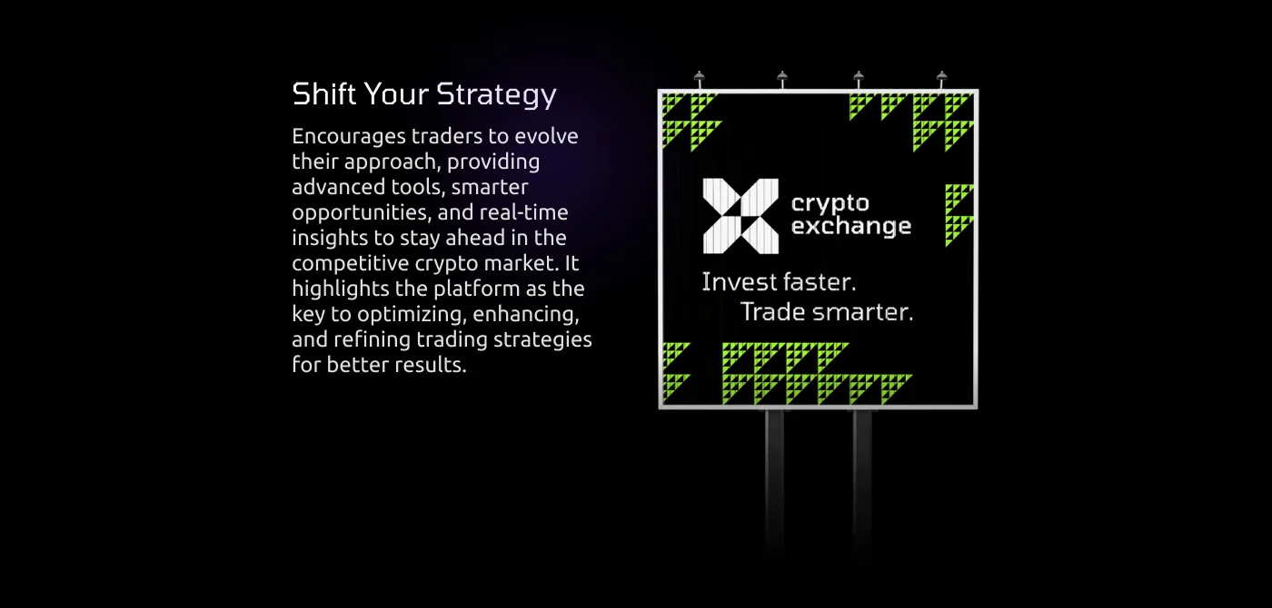 Crypto Exchange campaign displayed on a roadside billboard beside explanatory text