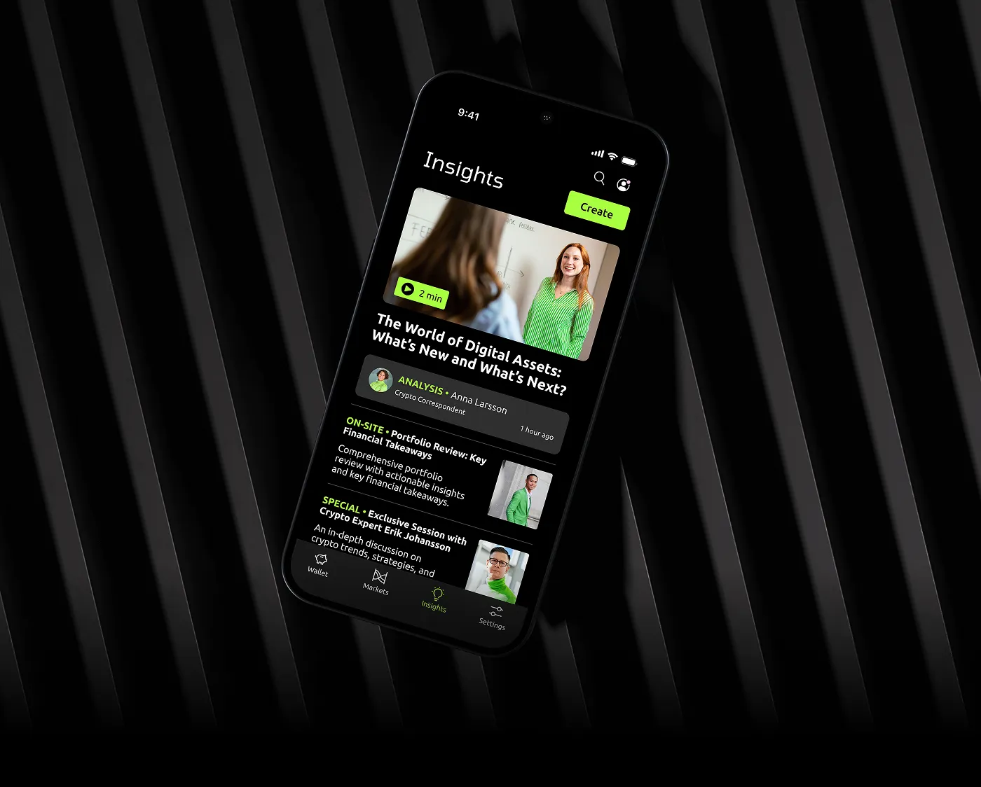 Crypto news and insights interface displayed on an angled phone mockup