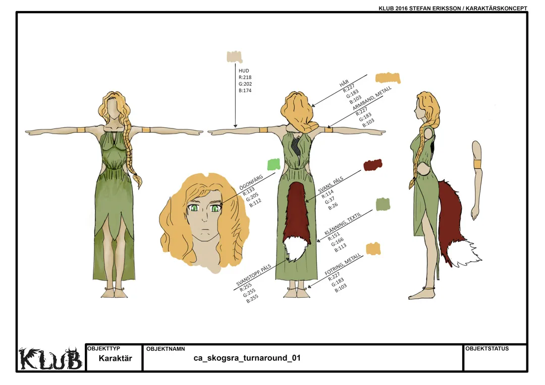 Colored turnaround of a green-clad braided character with face detail and color references