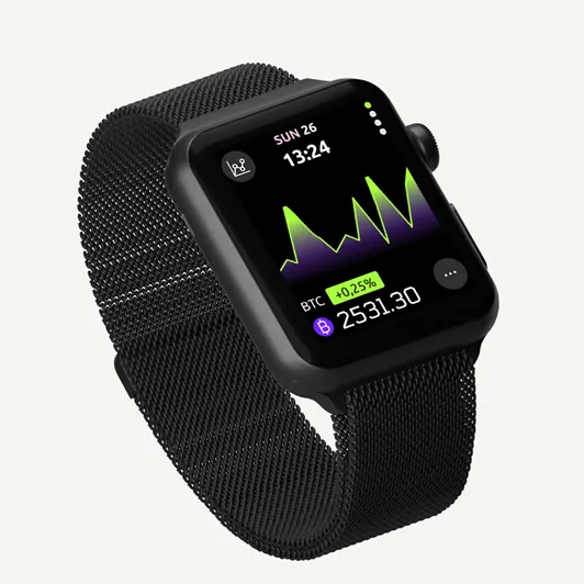 Black smartwatch displaying a cryptocurrency price chart